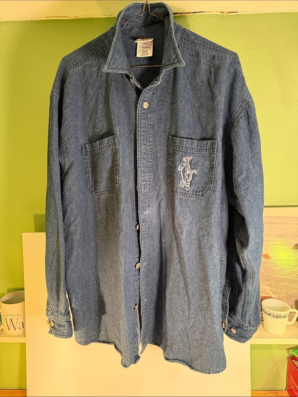 Disney, Tigger, Denim Button-Up Shirt with Embroidered Tigger Pocket